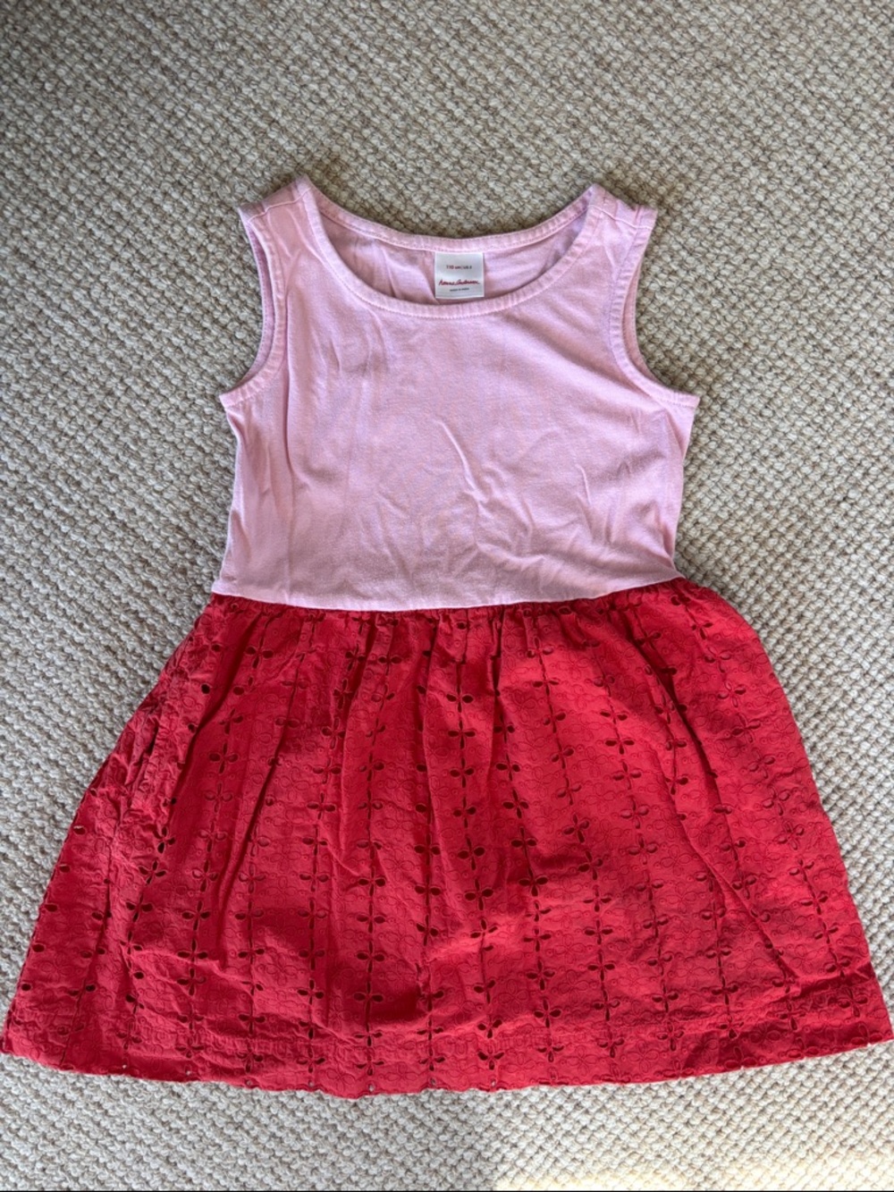 Hanna Andersson Sleeveless Pink and Red Eyelet Dress, size 5 years